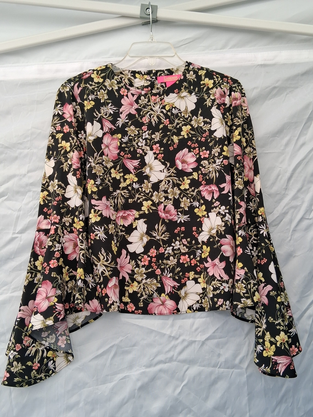 Catherine Women’s Black with Pink Cream Floral Long Bell Flutter Sleeve Blouse